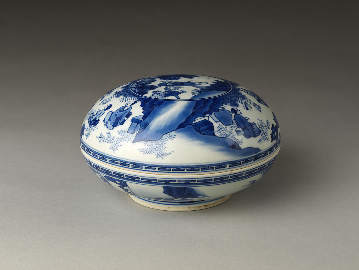 Covered box decorated with the Seven Sages of the Bamboo Grove, Porcelain painted in underglaze cobalt blue (Jingdezhen ware), China