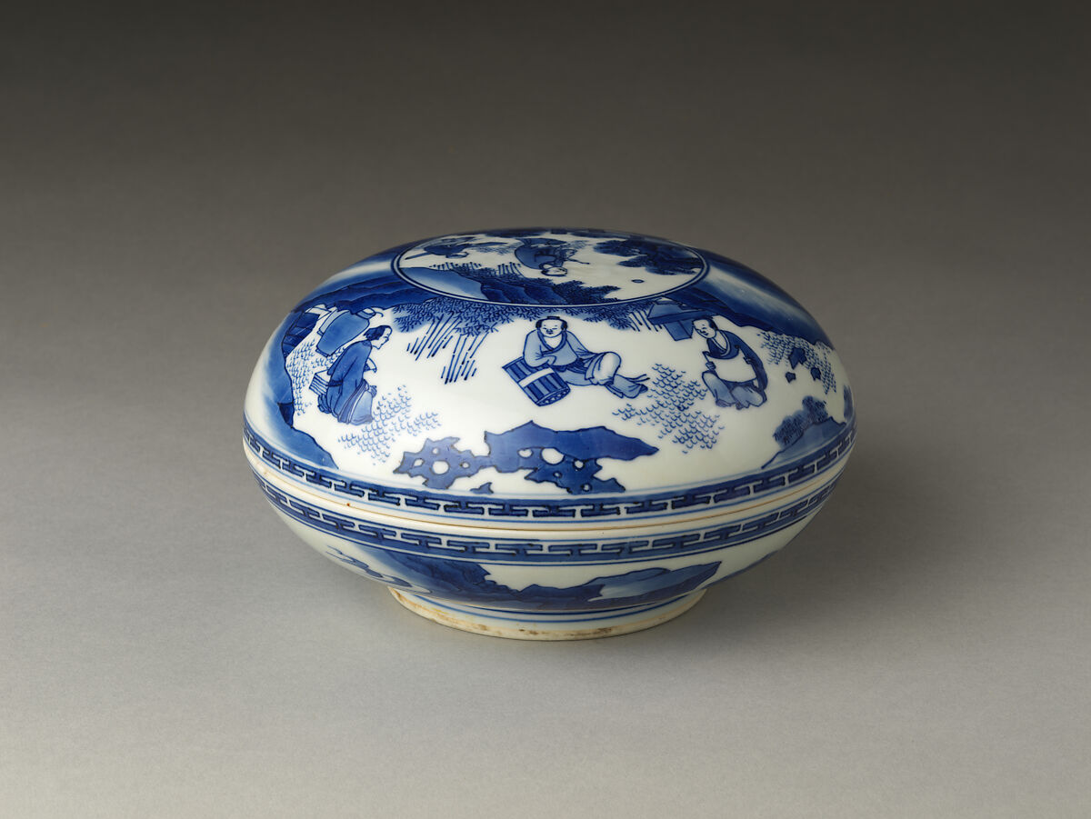 Covered box decorated with the Seven Sages of the Bamboo Grove, Porcelain painted in underglaze cobalt blue (Jingdezhen ware), China