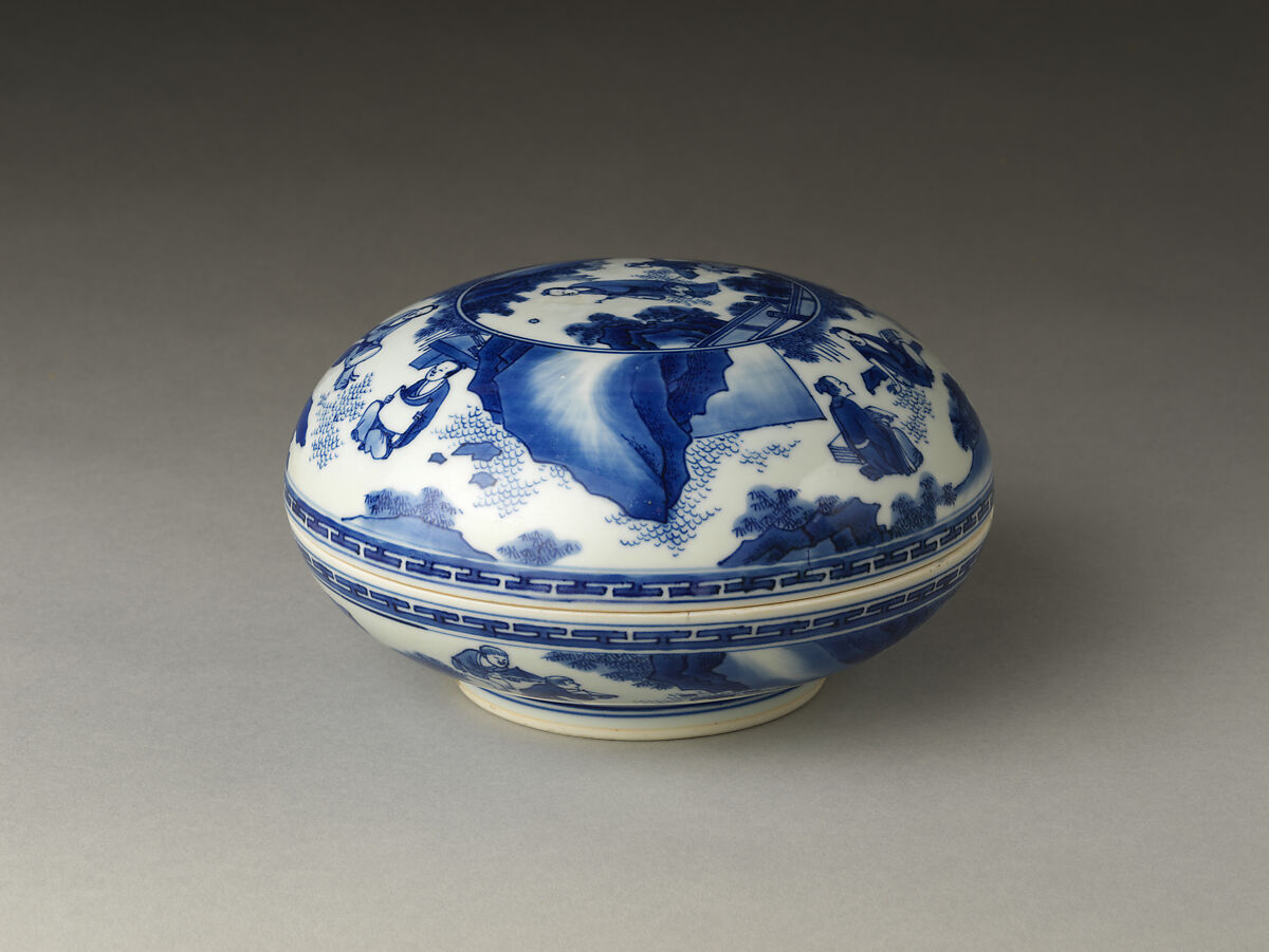 Covered box decorated with the Seven Sages of the Bamboo Grove, Porcelain painted in underglaze cobalt blue (Jingdezhen ware), China