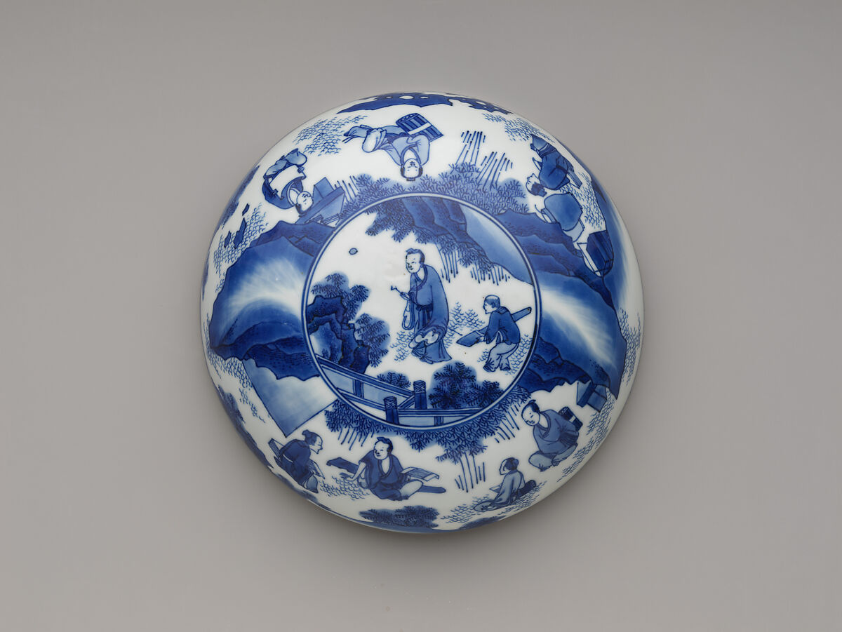 Covered box decorated with the Seven Sages of the Bamboo Grove, Porcelain painted in underglaze cobalt blue (Jingdezhen ware), China