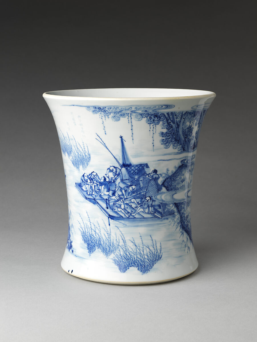 Brush holder with scene of Wang Qing crossing the river from The Water Margin (Shuihu zhuan), Porcelain painted in underglaze cobalt blue (Jingdezhen ware), China 