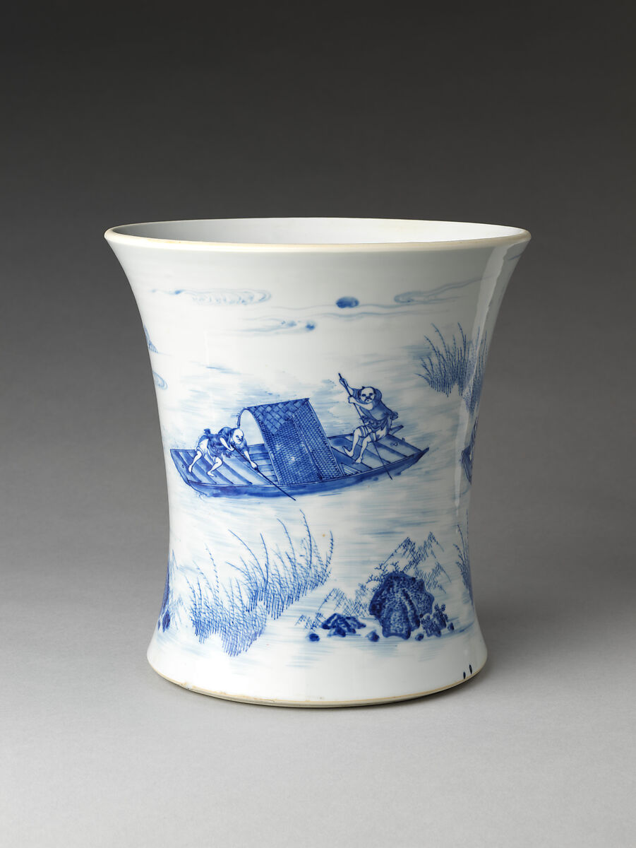 Brush holder with scene of Wang Qing crossing the river from The Water Margin (Shuihu zhuan), Porcelain painted in underglaze cobalt blue (Jingdezhen ware), China