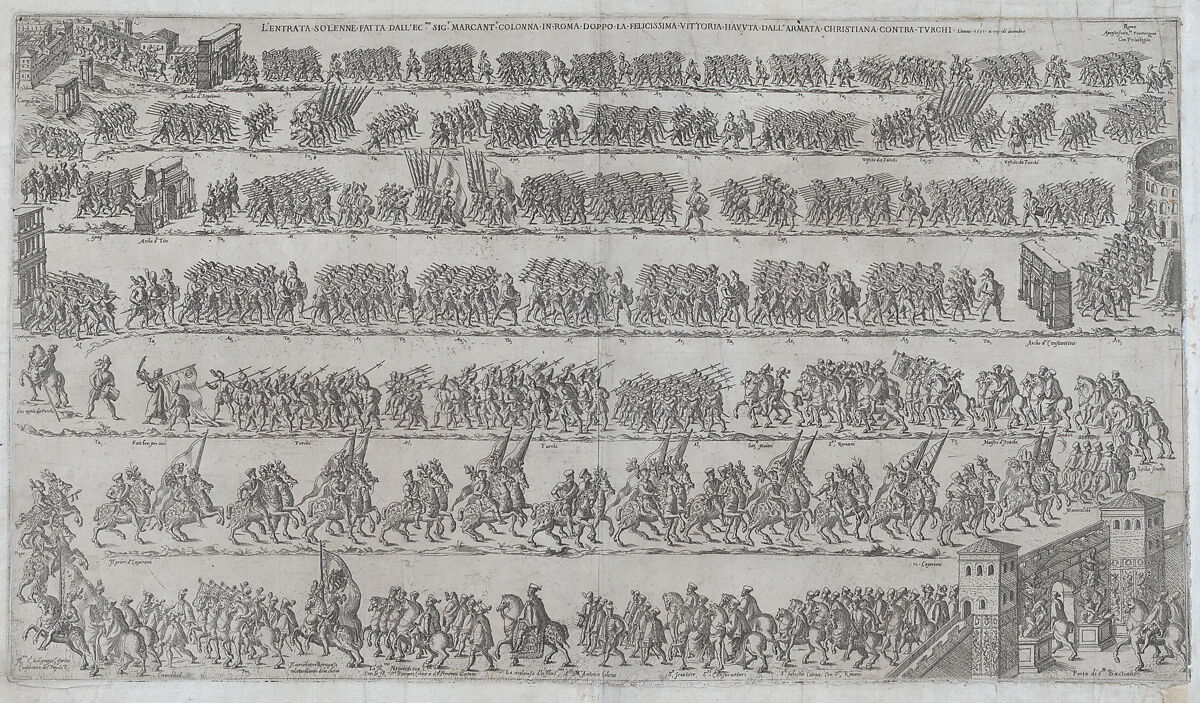 The entry of Marcantonio Colonna and the Christian army in Rome after victory at the battle of Lepanto, December 11, 1571, Francesco Tramezzino (Italian, active Rome and Venice, 1526–died 1576), Etching 