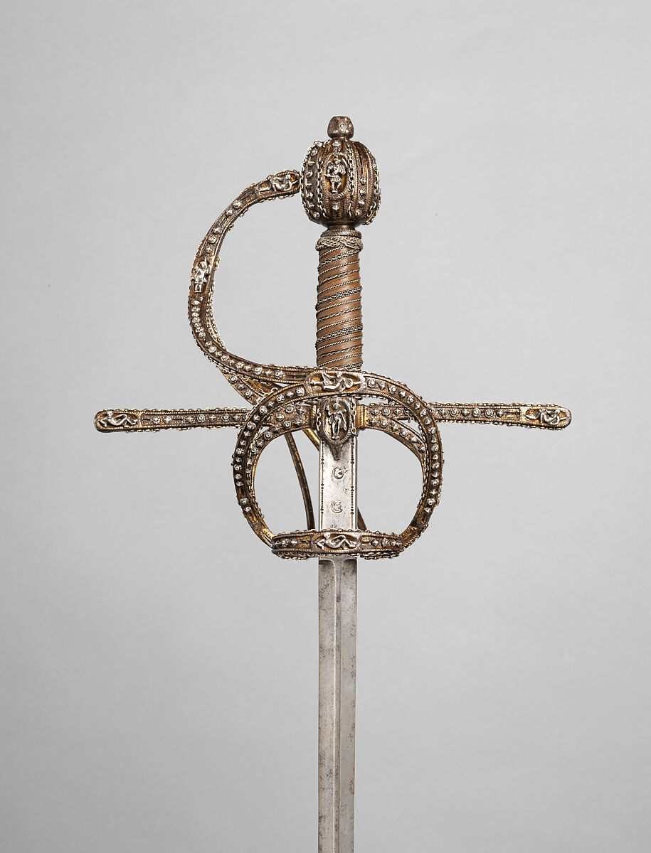 Rapier, Steel, iron, silver, gold, copper alloy, wood, probably Italian 