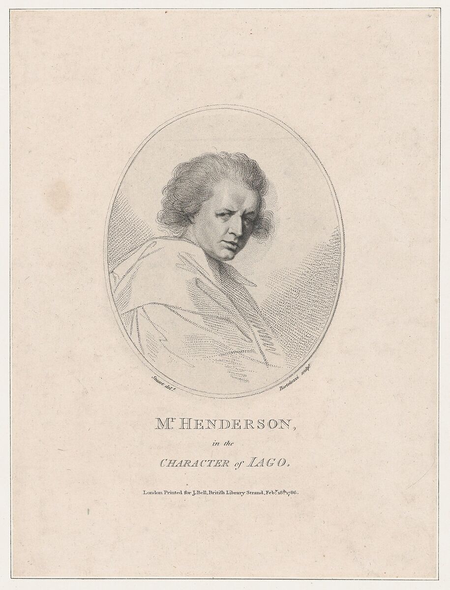 John Henderson, in the Character of Iago (Shakespeare's "Othello"), Francesco Bartolozzi (Italian, Florence 1728–1815 Lisbon), Stipple engraving and etching; second state of three 