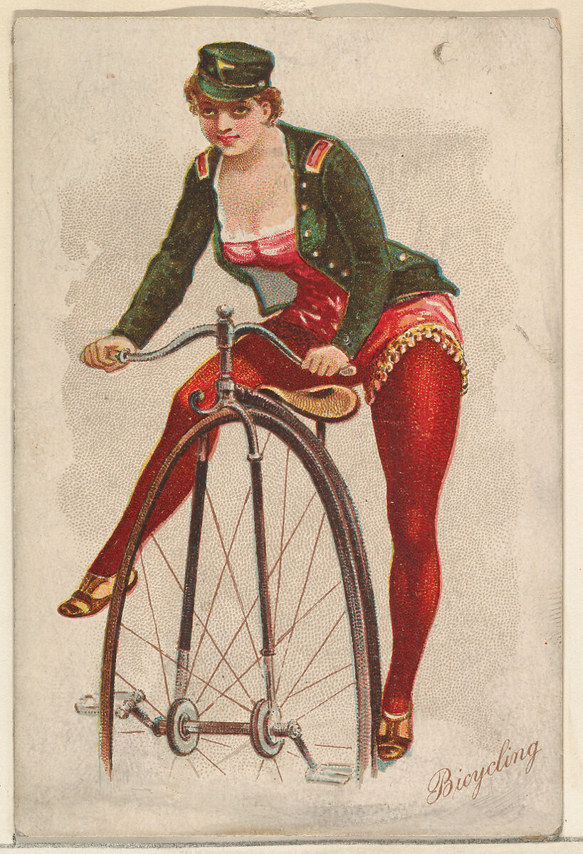 Bicycling, from the Pretty Athletes series (N196) issued by Wm. S. Kimball & Co., Issued by William S. Kimball &amp; Company, Commercial color lithograph 