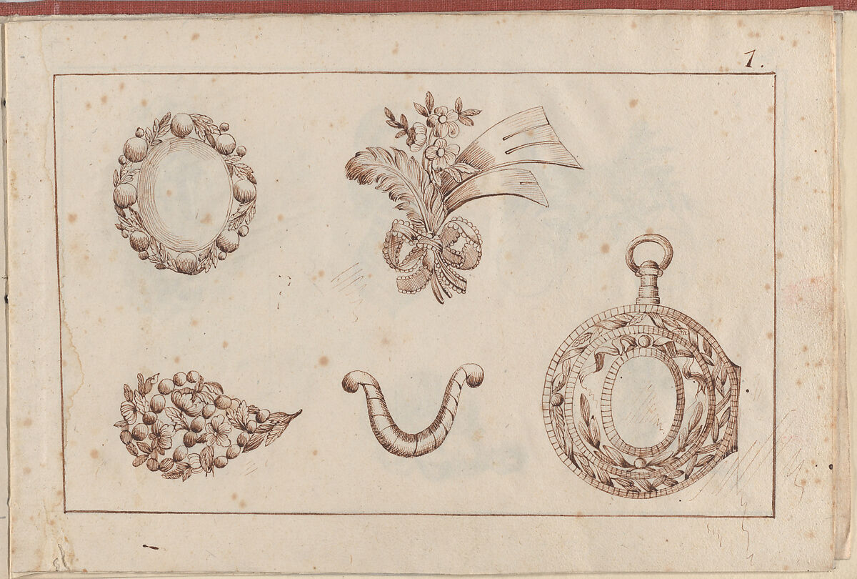 Joaillerie: Album of Jewelry Designs, Page 1, Anonymous, French  , 18th century, Brown ink 