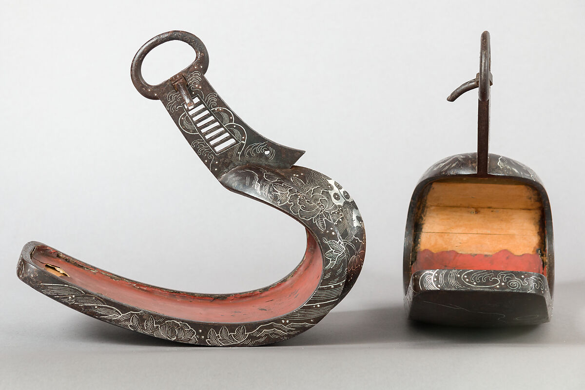 Pair of Stirrups (<i>Abumi</i>), Inscribed by Sanemitsu (Japanese, active in Ka shū, probably 18th century), Iron, wood, silver, lacquer, paper, Japanese, Kashu