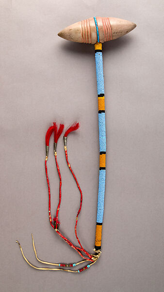 Ceremonial War Club, Stone, wood, beads, leather, tin, horsehair (?), Native American, Plains
