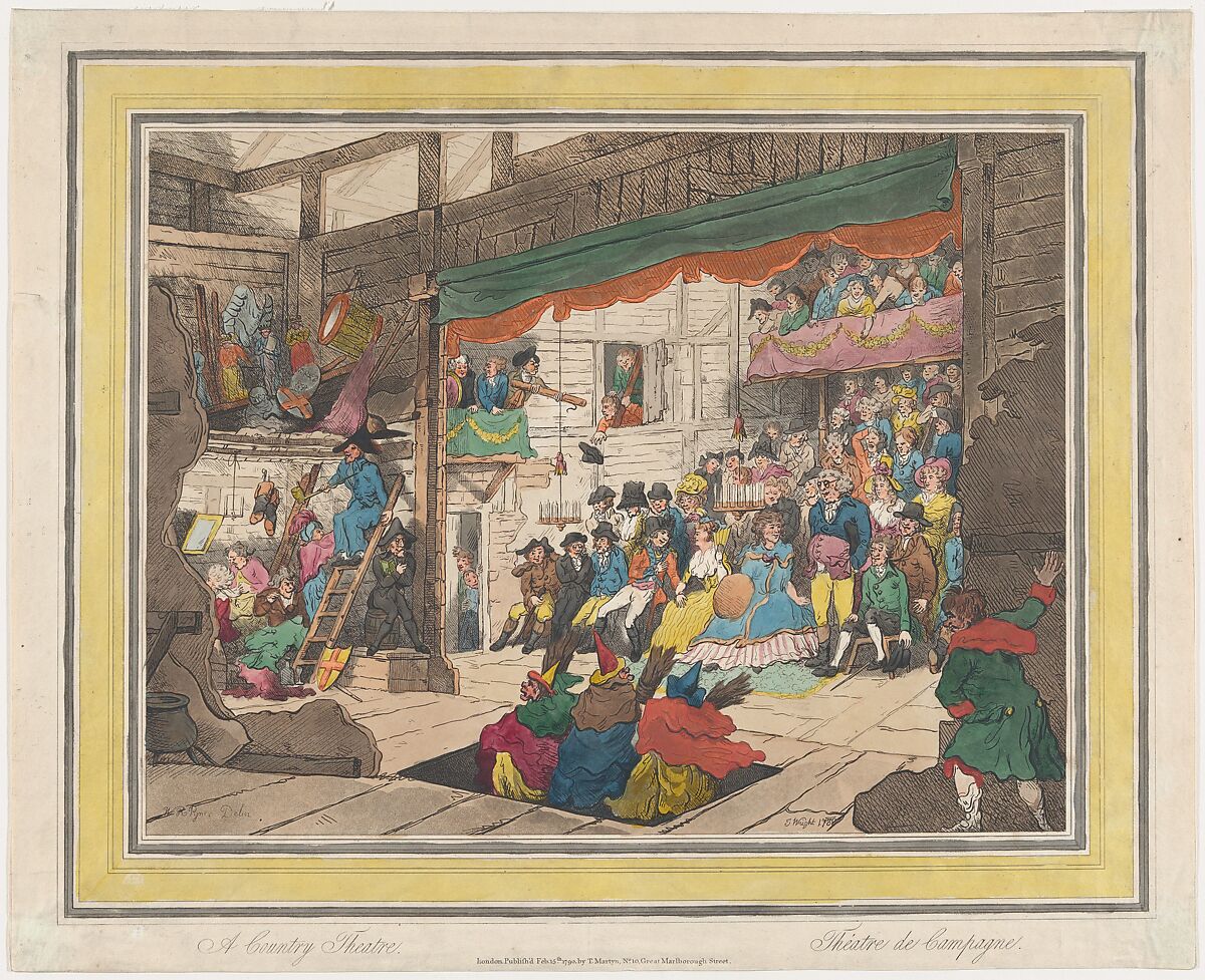An English Country Performance of Macbeth, J. Wright (British, active 1788–90), Aquatint and etching, hand-colored 