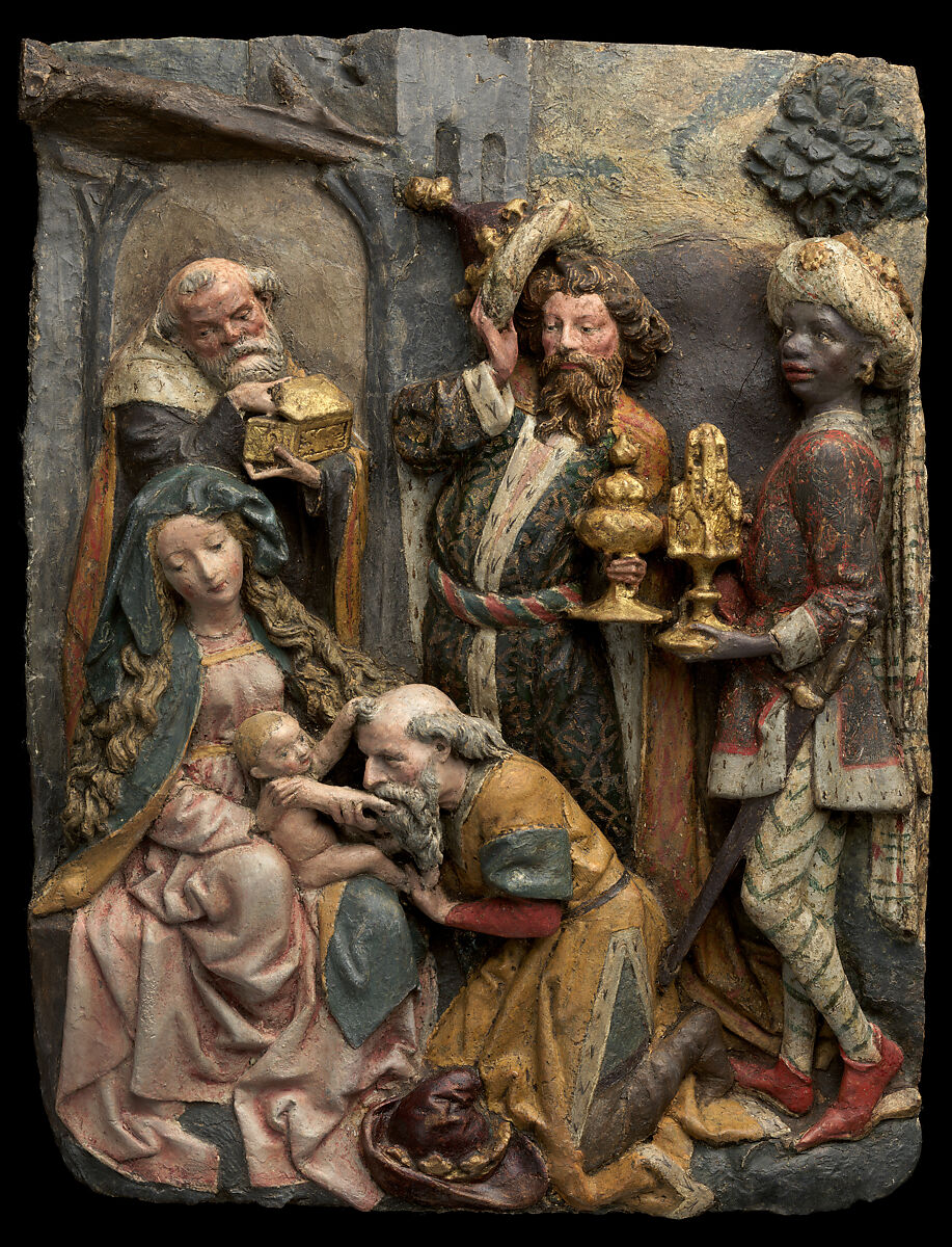 Adoration of the Magi, Cartapesta (papier maché) with polychromy and gilding, German 