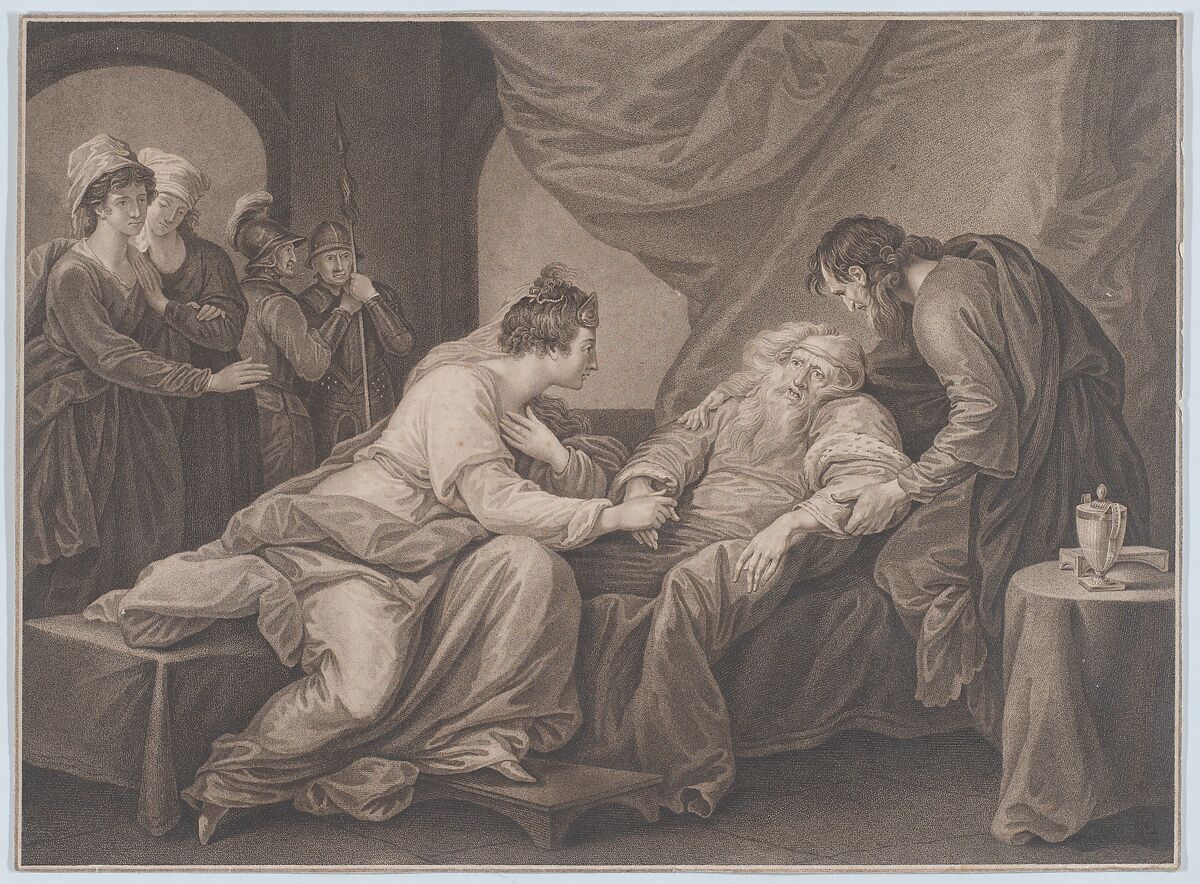 King Lear and Cordelia (Shakespeare, King Lear, Act 4, Scene 7), (?) Francesco Bartolozzi (Italian, Florence 1728–1815 Lisbon), Stipple engraving, printed in brown ink 