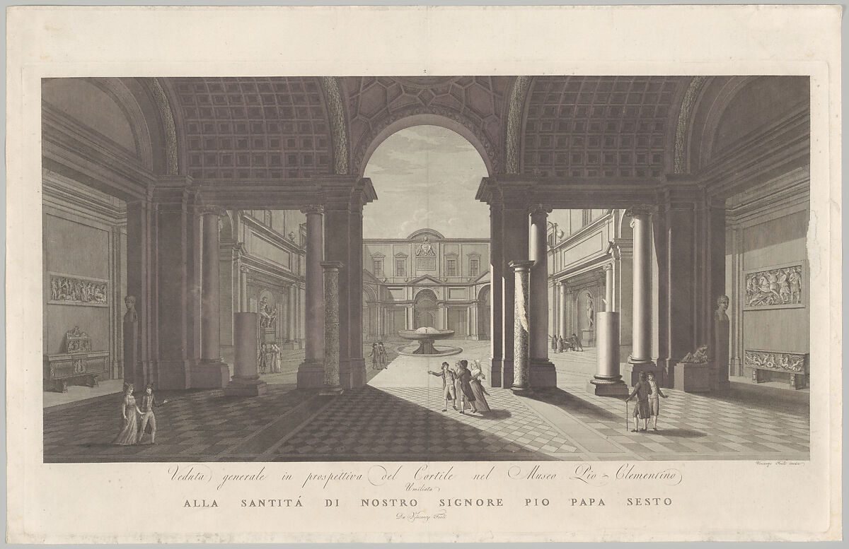 View of the courtyard of the Museo Pio-Clementino, from 'Veduta generale in prospettiva del cortile nel Museo Pio-Clementino', Vicenzo Feoli (Italian, Rome ca. 1760–1827 Rome), Etching and engraving 