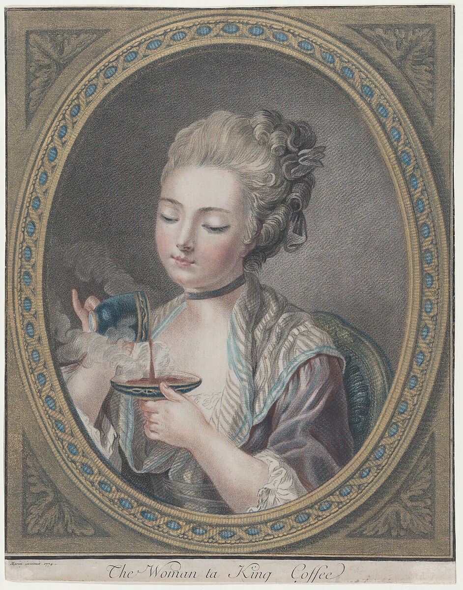 The Woman Taking Coffee, Louis Marin Bonnet (French, Paris 1736–1793 Saint-Mandé, Val-de-Marne), Pastel manner; printed in blue, red, carmine, purple, yellow, and black inks with applied gold leaf 