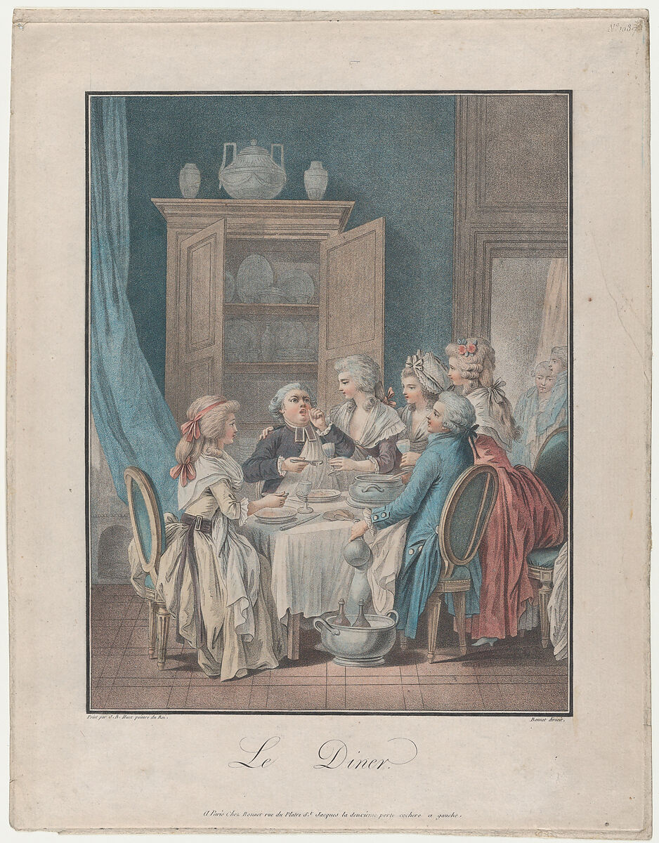 The Dinner, Louis Marin Bonnet (French, Paris 1736–1793 Saint-Mandé, Val-de-Marne), Stipple and wash manner 