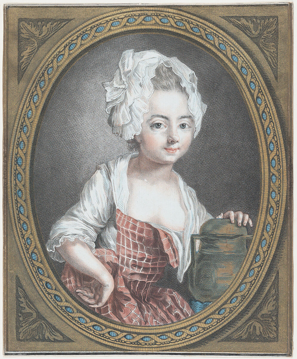 The Milk Woman, Louis Marin Bonnet (French, Paris 1736–1793 Saint-Mandé, Val-de-Marne), Pastel manner; printed in red, blue, yellow, and black inks with two colors of applied gold leaf 