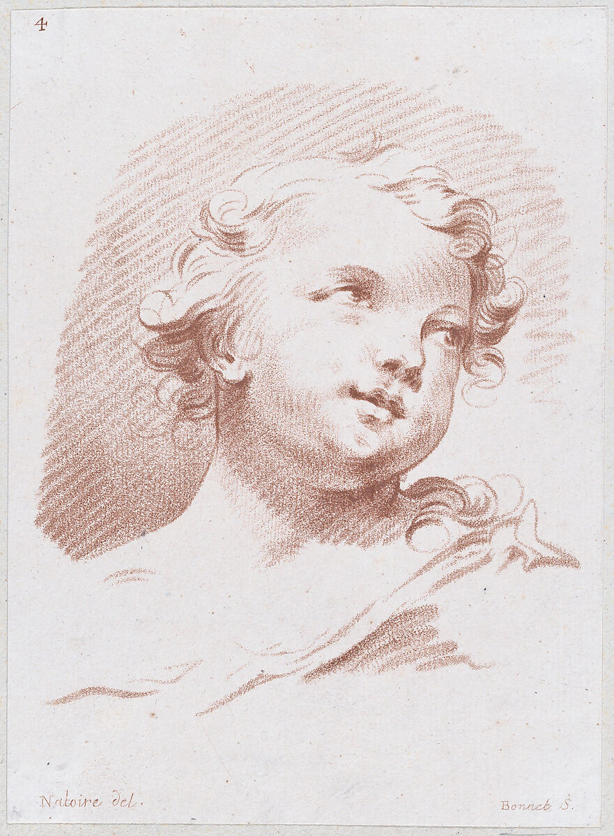 Head of an Angel or Child, Louis Marin Bonnet (French, Paris 1736–1793 Saint-Mandé, Val-de-Marne), Crayon manner in red 