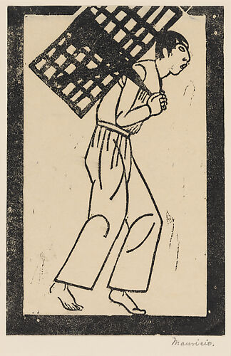 A young man carrying a cage on his back, set within a thick border