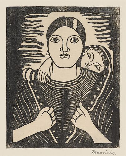 A young woman carrying a child on her back, set within a thick border