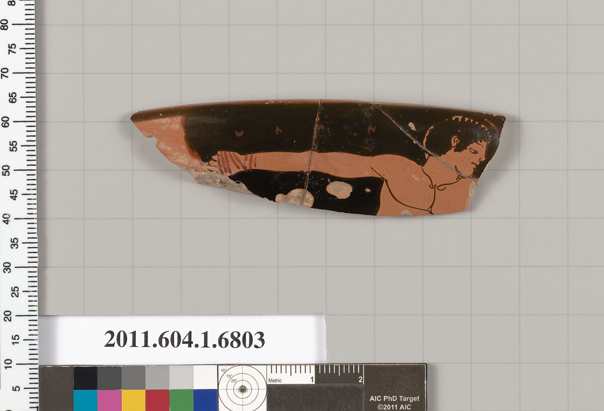 Terracotta rim fragment of a kylix (drinking cup), Terracotta, Greek, Attic