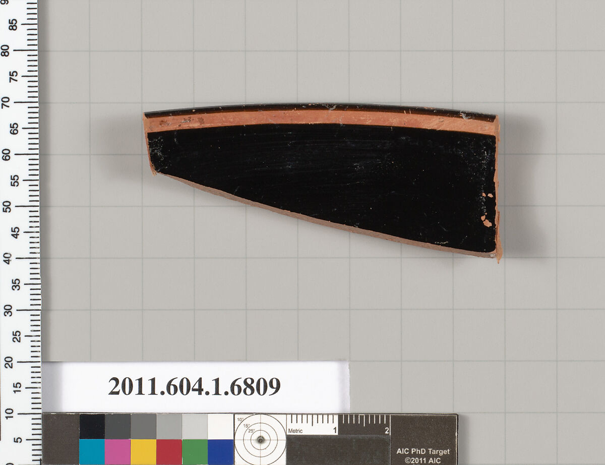 Terracotta rim fragment of a kylix (drinking cup), Terracotta, Greek, Attic