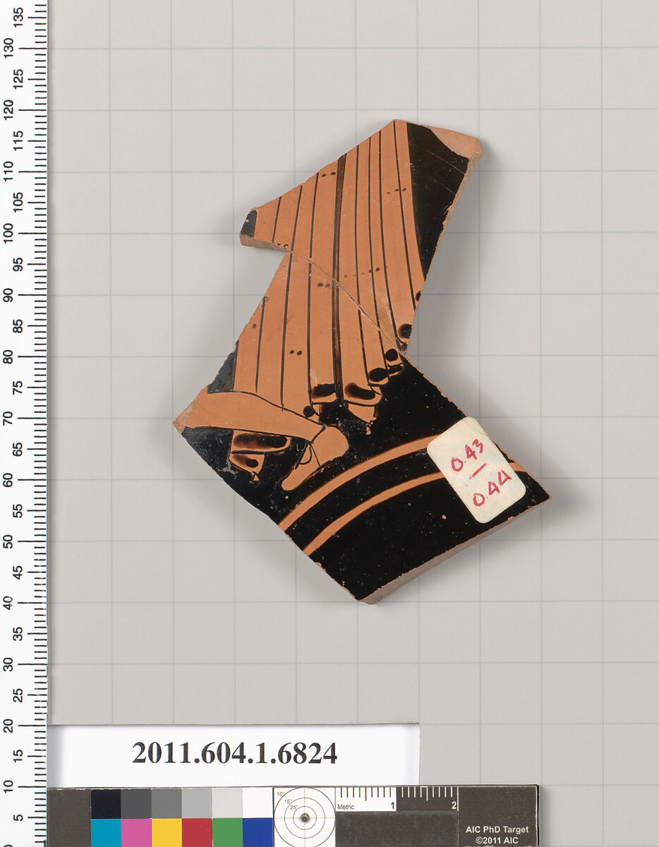 Terracotta fragment of a kylix (drinking cup), Terracotta, Greek, Attic