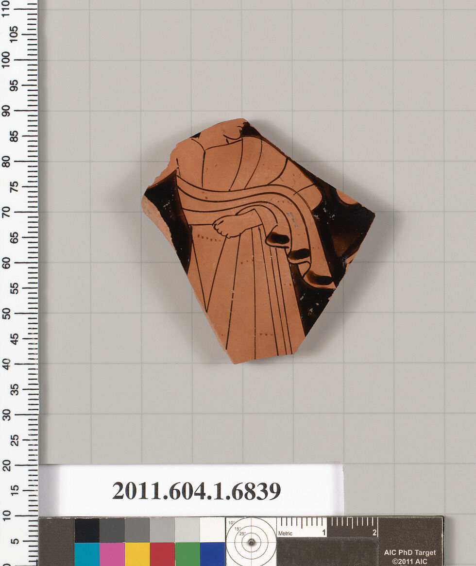Terracotta fragment of a kylix (drinking cup), Terracotta, Greek, Attic 