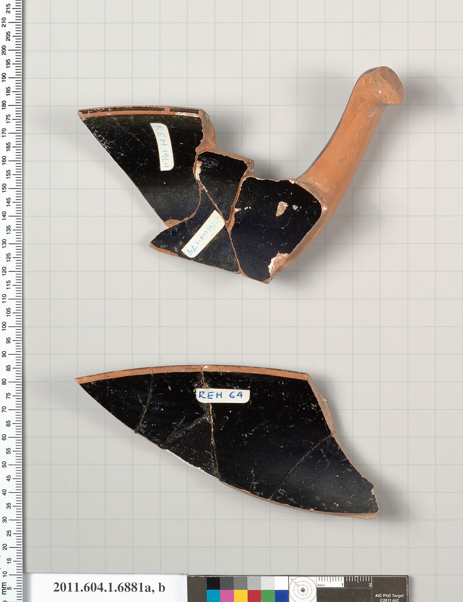 Terracotta rim fragments of a kylix (drinking cup), Terracotta, Greek, Attic