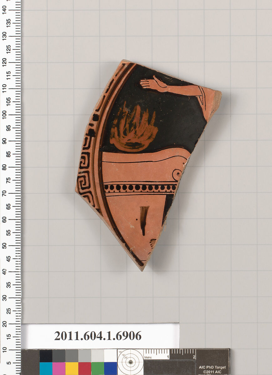 Terracotta fragment of a kylix (drinking cup), Terracotta, Greek, Attic 