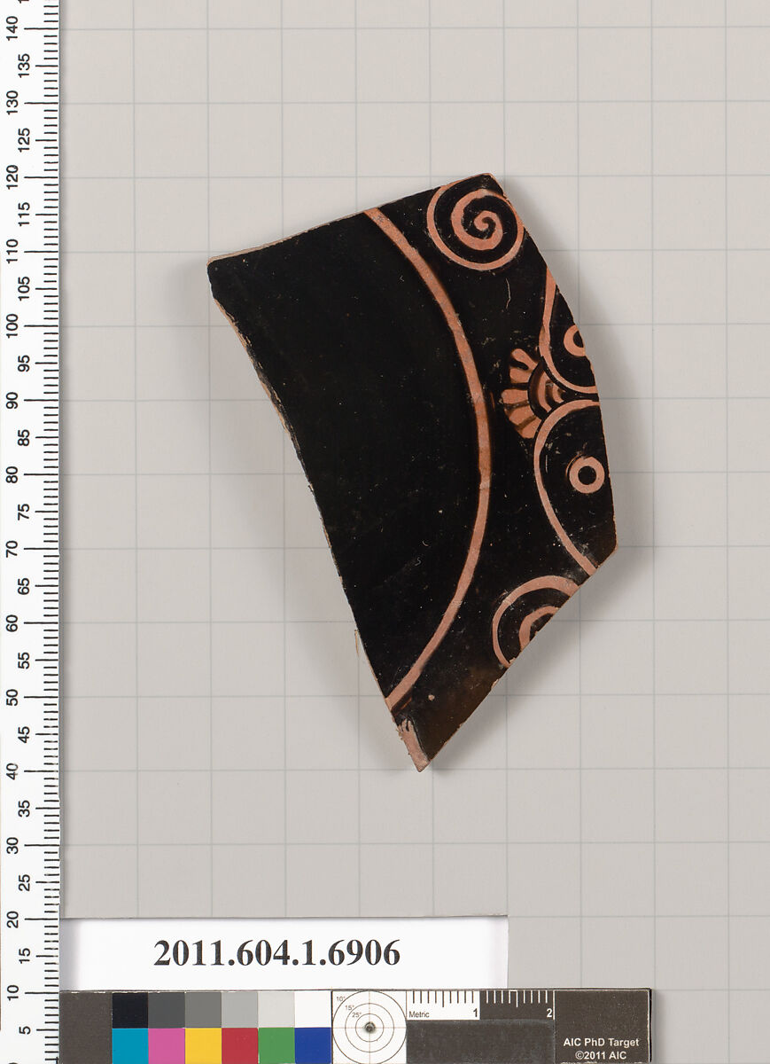 Terracotta fragment of a kylix (drinking cup), Terracotta, Greek, Attic