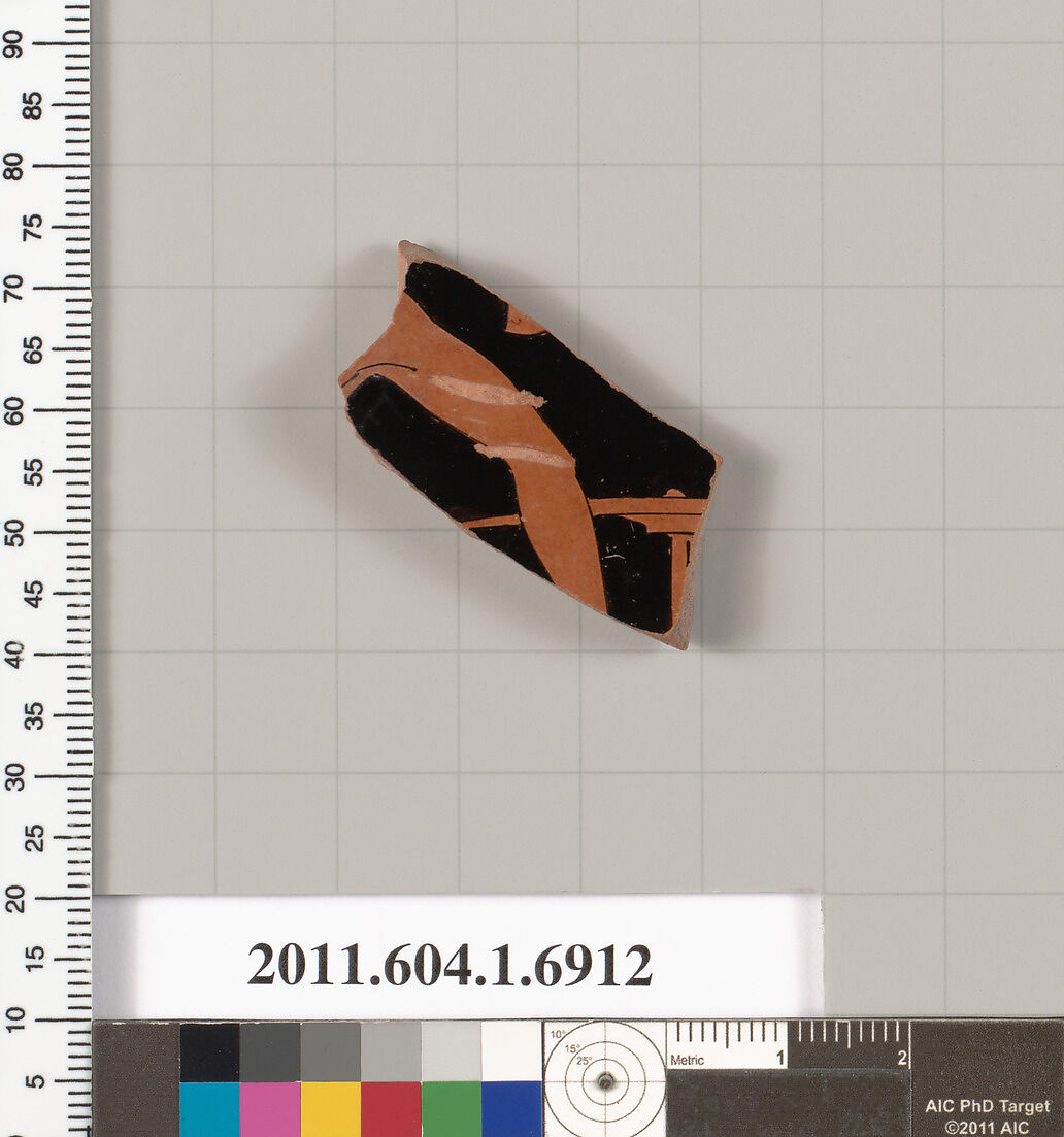 Terracotta fragment of a kylix (drinking cup), Terracotta, Greek, Attic 