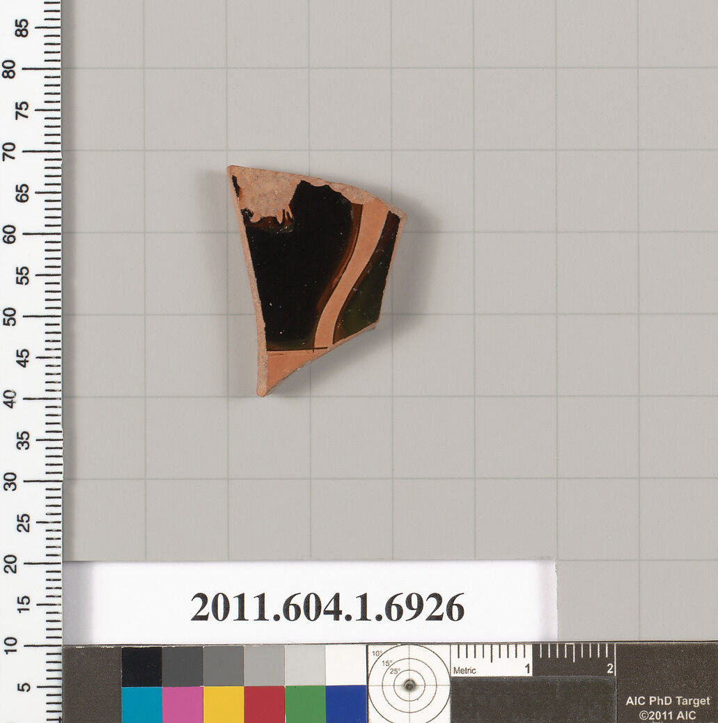 Terracotta fragment of a kylix (drinking cup), Terracotta, Greek, Attic