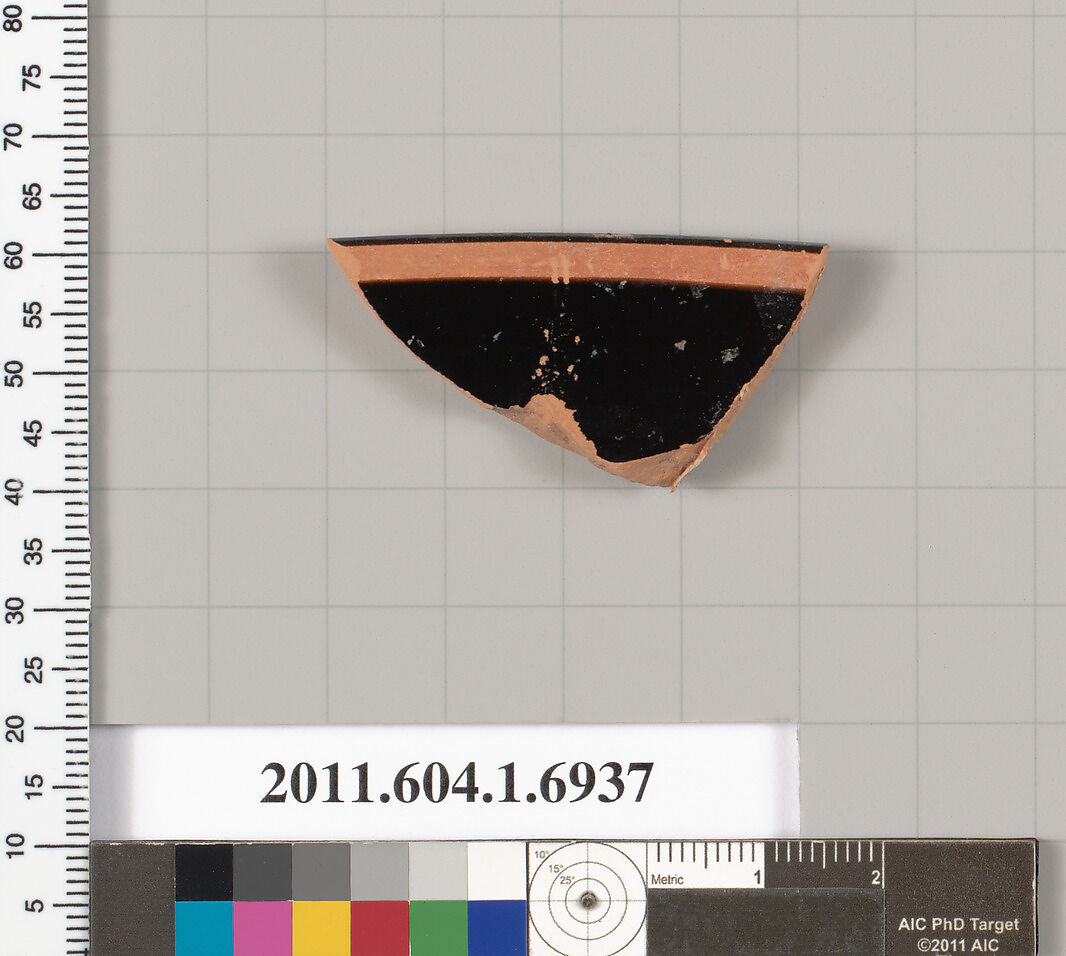 Terracotta rim fragment of a kylix (drinking cup), Terracotta, Greek, Attic