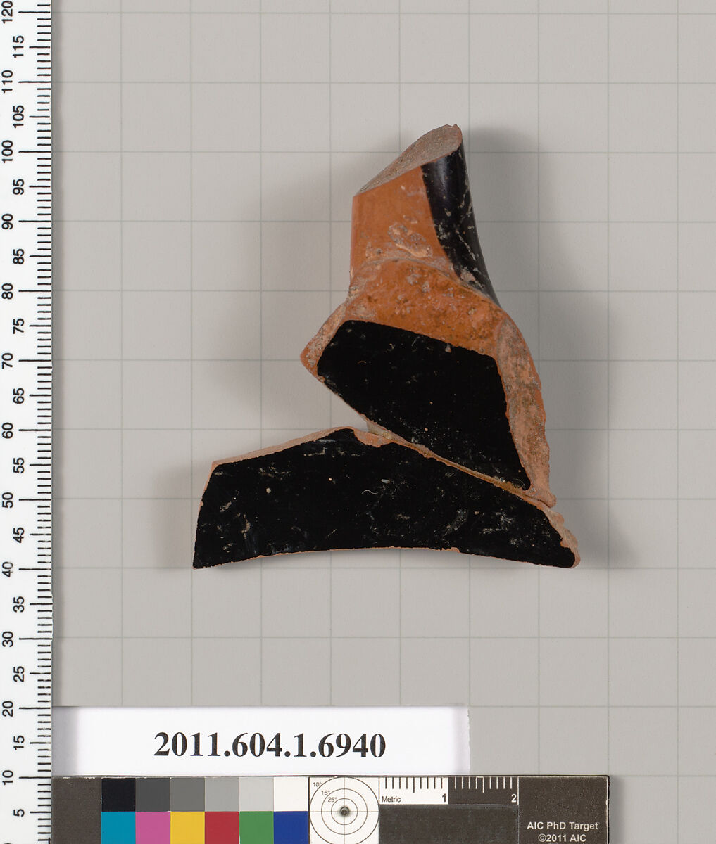 Terracotta fragment of a kylix (drinking cup), Terracotta, Greek, Attic