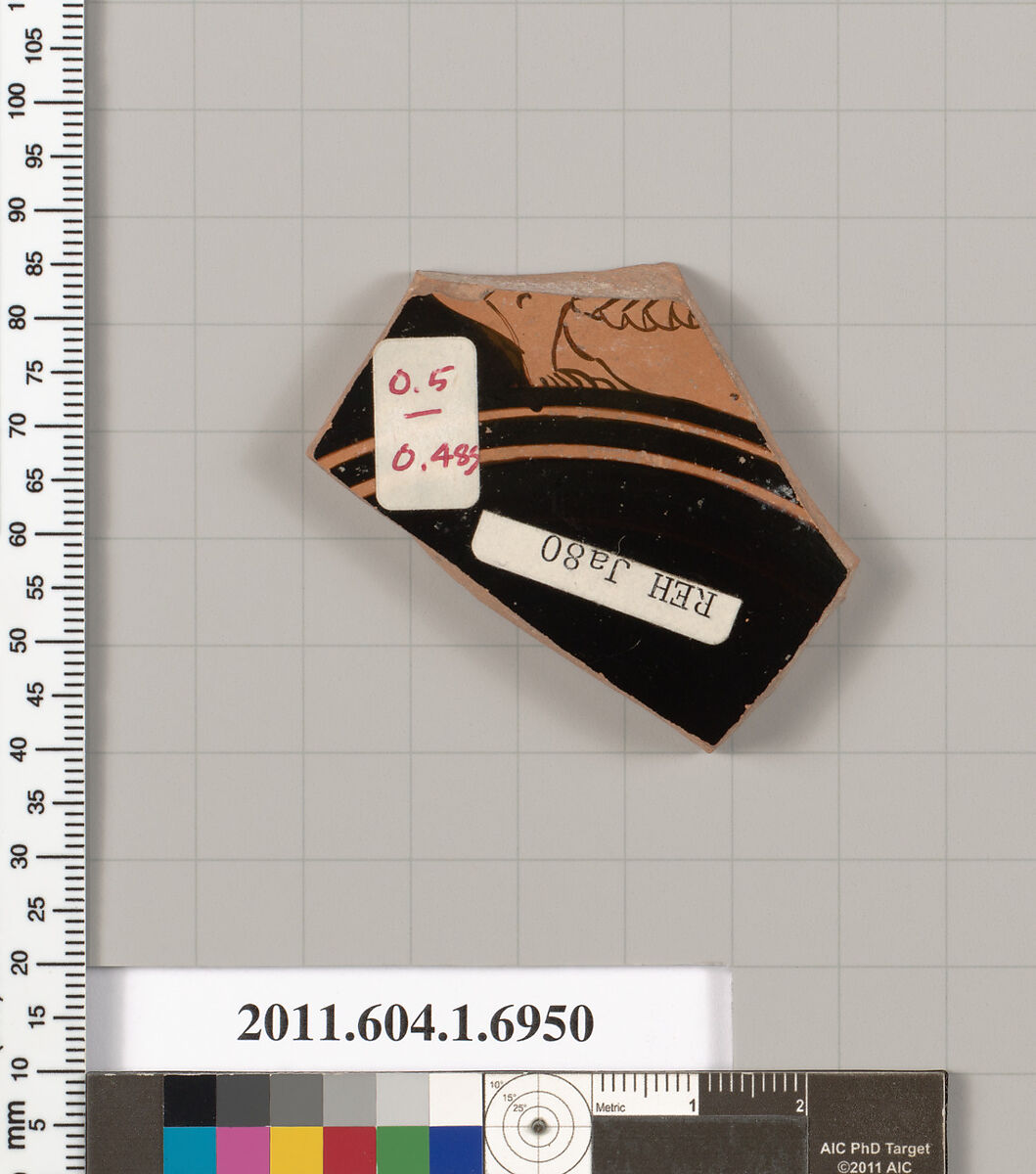 Terracotta fragment of a kylix (drinking cup), Terracotta, Greek, Attic