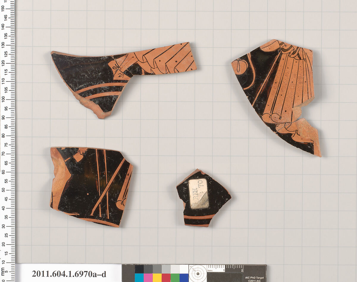 Terracotta fragments of a kylix (drinking cup), Terracotta, Greek, Attic