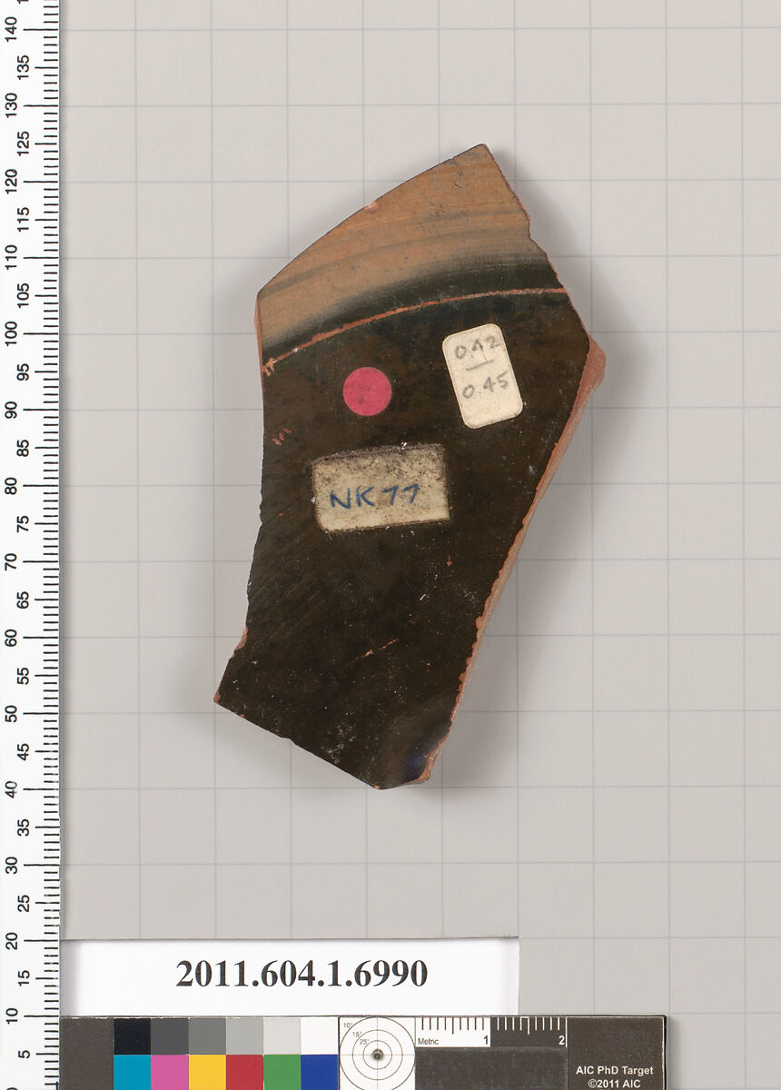 Terracotta fragment of a kylix (drinking cup), Terracotta, Greek, Attic