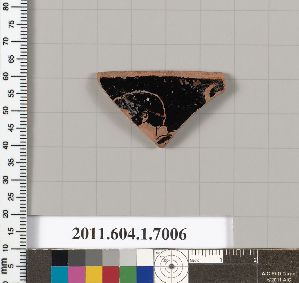 Terracotta rim fragment of a kylix (drinking cup), Terracotta, Greek, Attic 