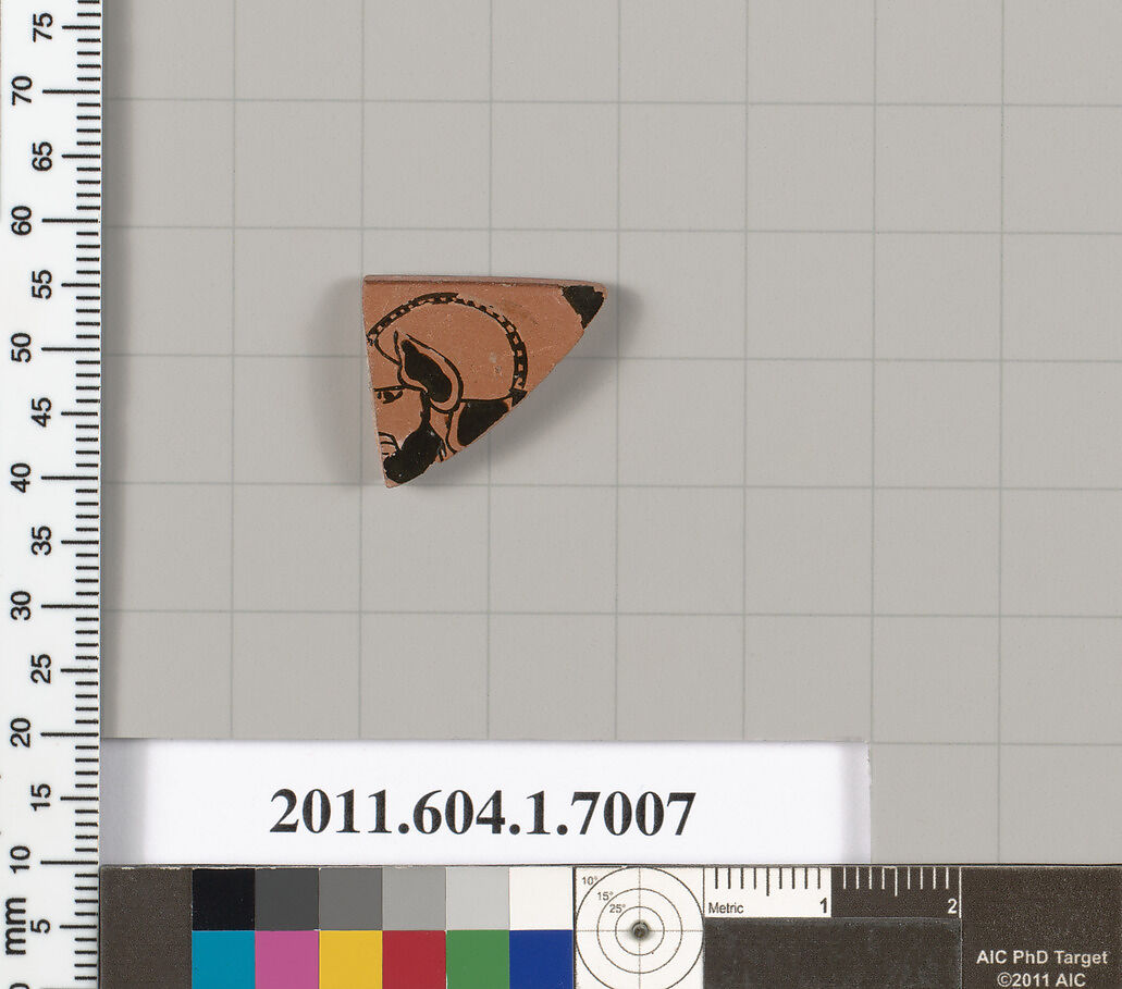Terracotta rim fragment of a kylix (drinking cup), Terracotta, Greek, Attic 