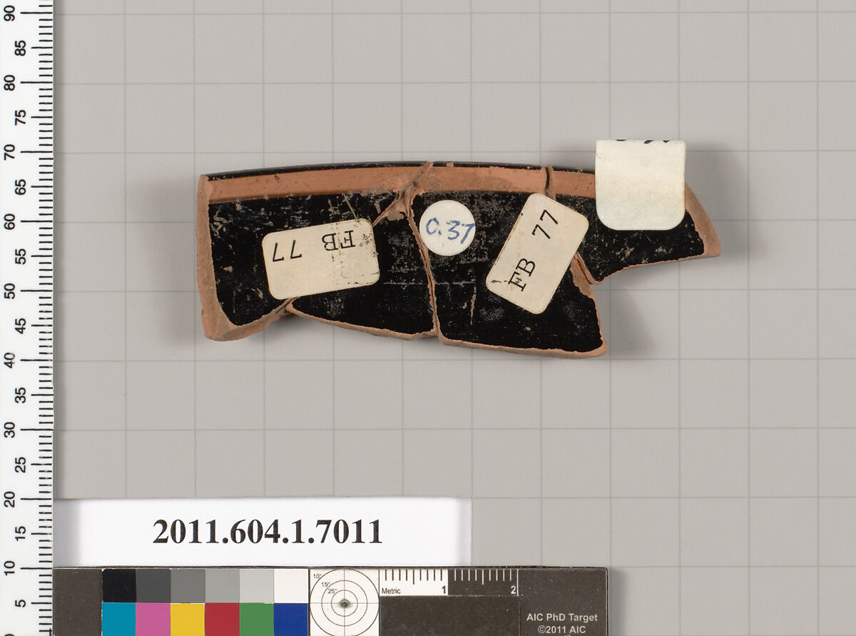 Terracotta rim fragment of a kylix (drinking cup), Terracotta, Greek, Attic