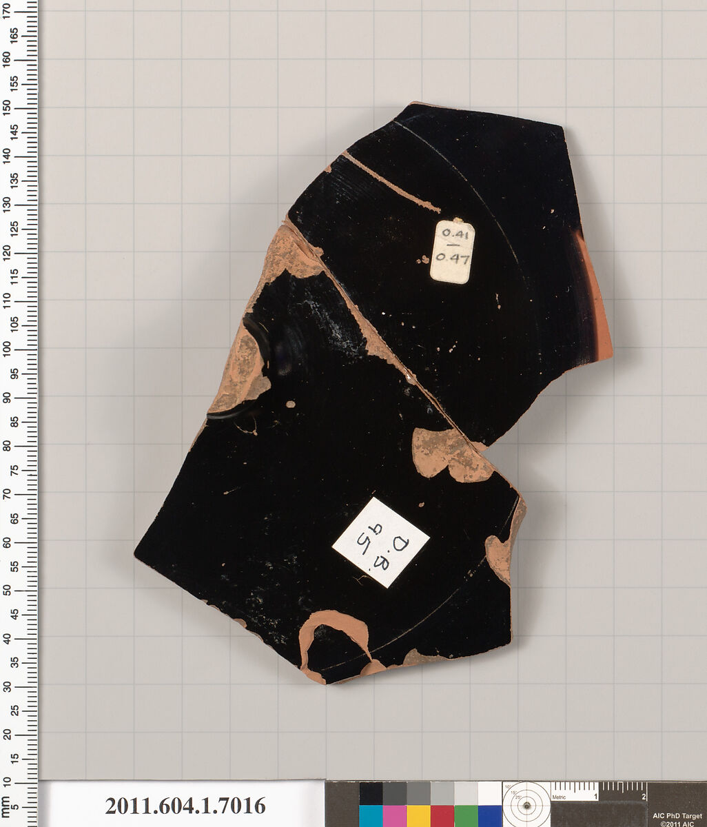 Terracotta fragment of a kylix (drinking cup), Terracotta, Greek, Attic