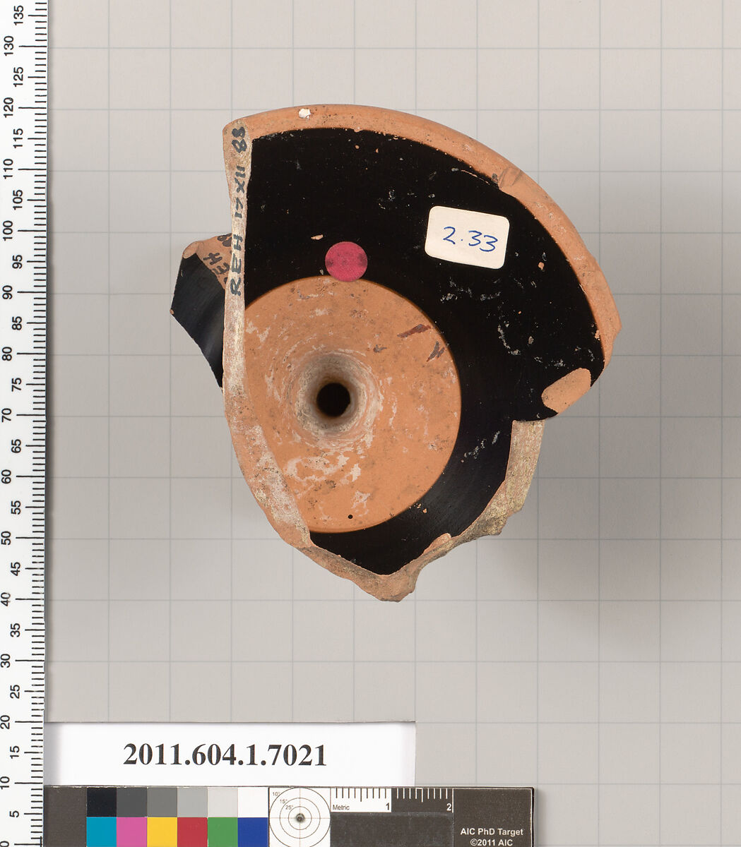 Terracotta fragment of a kylix (drinking cup), Terracotta, Greek, Attic