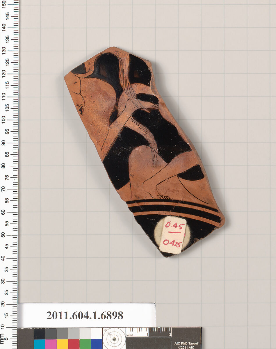 Terracotta fragment of a kylix (drinking cup), Terracotta, Greek, Attic
