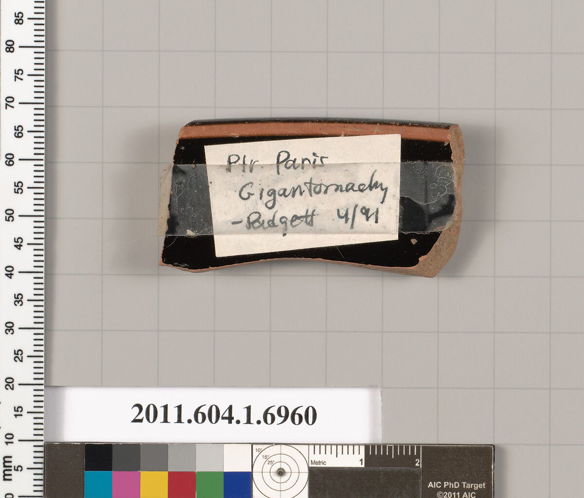 Terracotta rim fragment of a kylix (drinking cup), Attributed to the Painter of the Paris Gigantomachy [M. Padgett], Terracotta, Greek, Attic