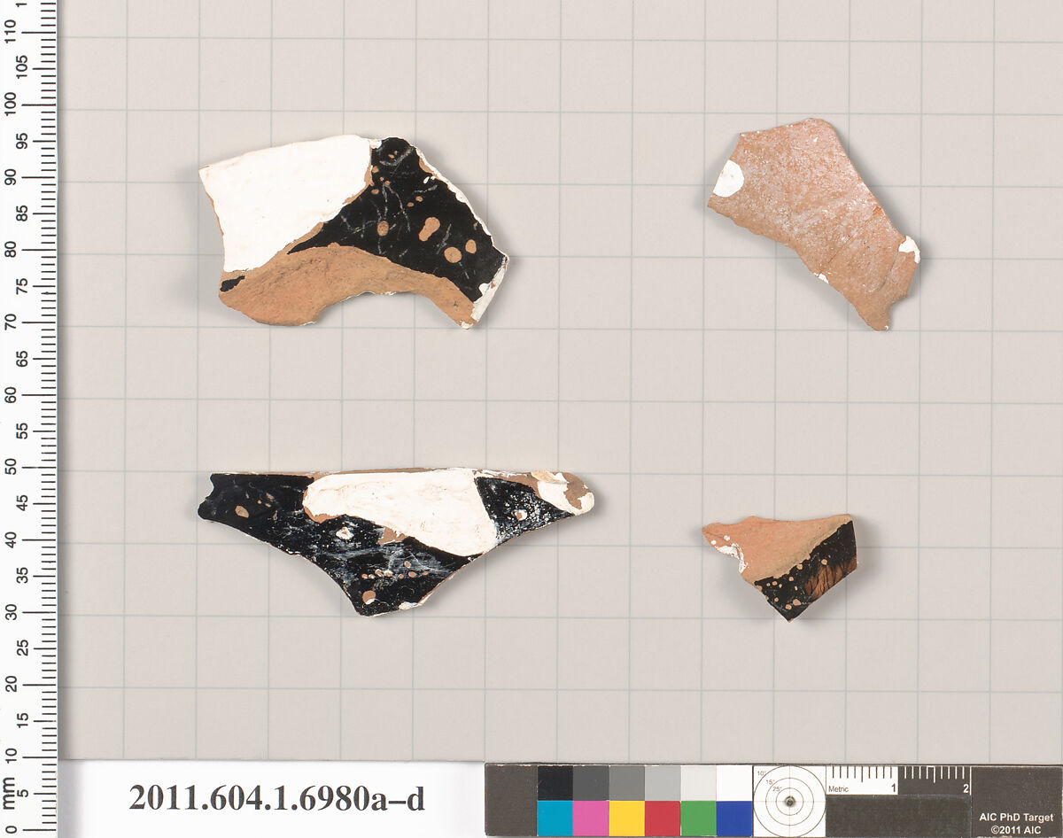 Terracotta fragments of a kylix (drinking cup), Terracotta, Greek, Attic