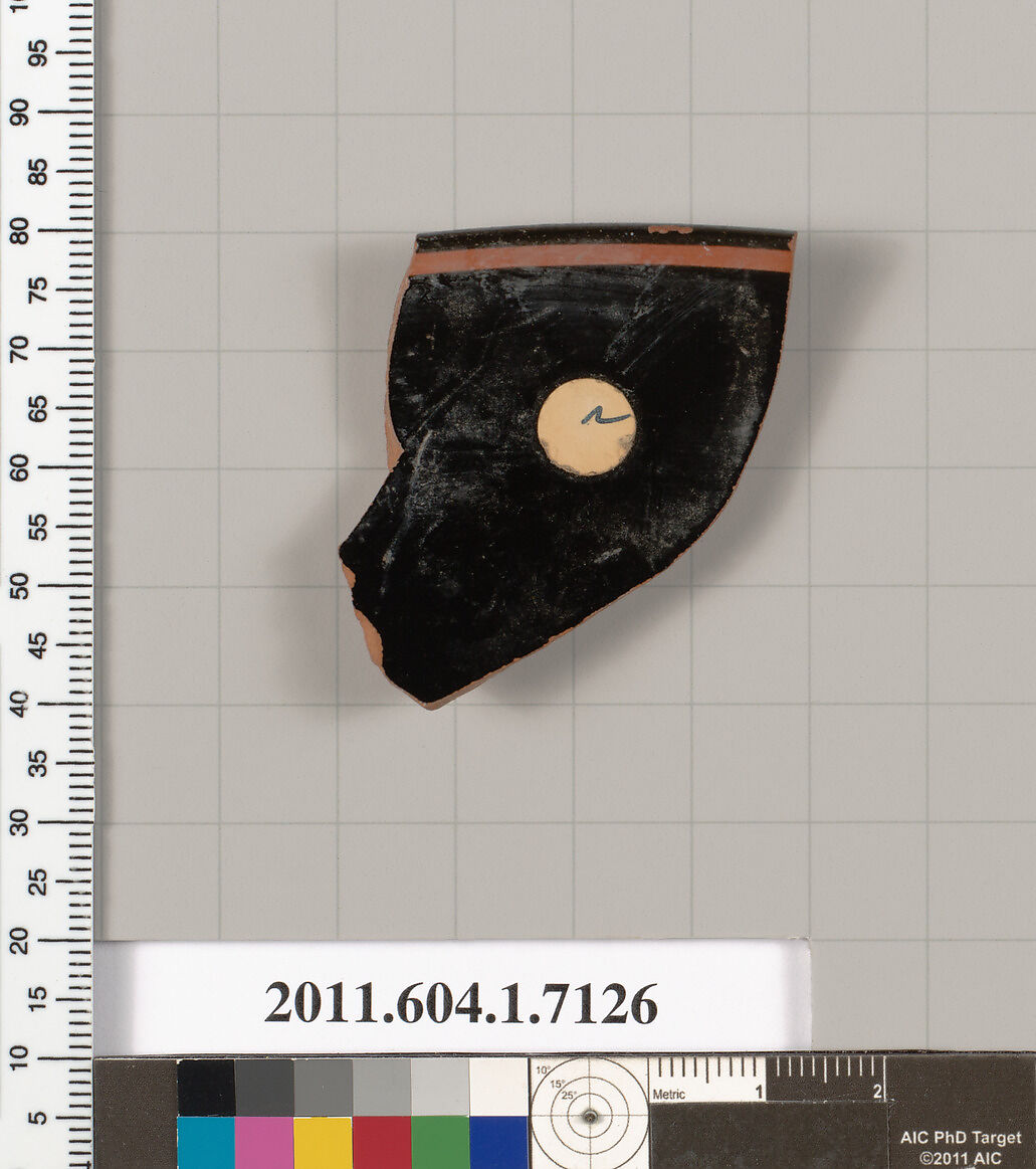 Terracotta rim fragment of a kylix (drinking cup), Terracotta, Greek, Attic
