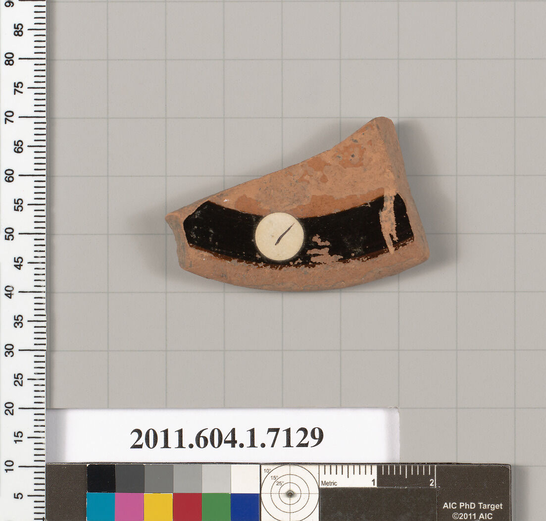 Terracotta fragment of a kylix (drinking cup), Terracotta, Greek, Attic