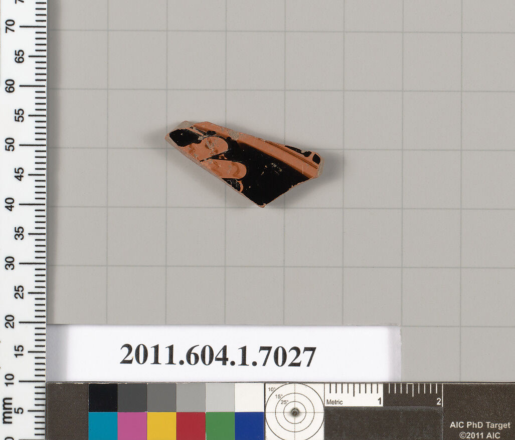 Terracotta fragment of a kylix (drinking cup), Terracotta, Greek, Attic