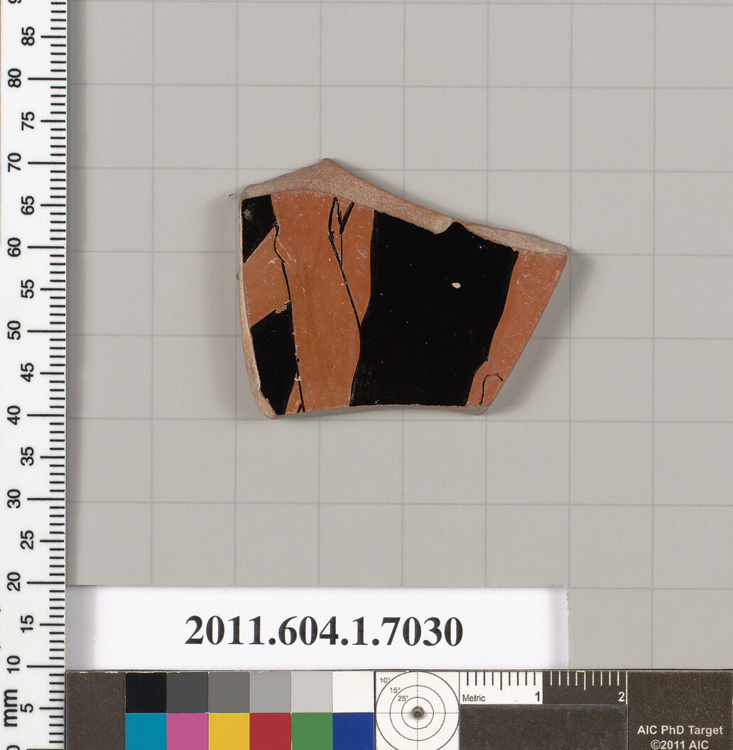 Terracotta fragment of a kylix (drinking cup), Terracotta, Greek, Attic