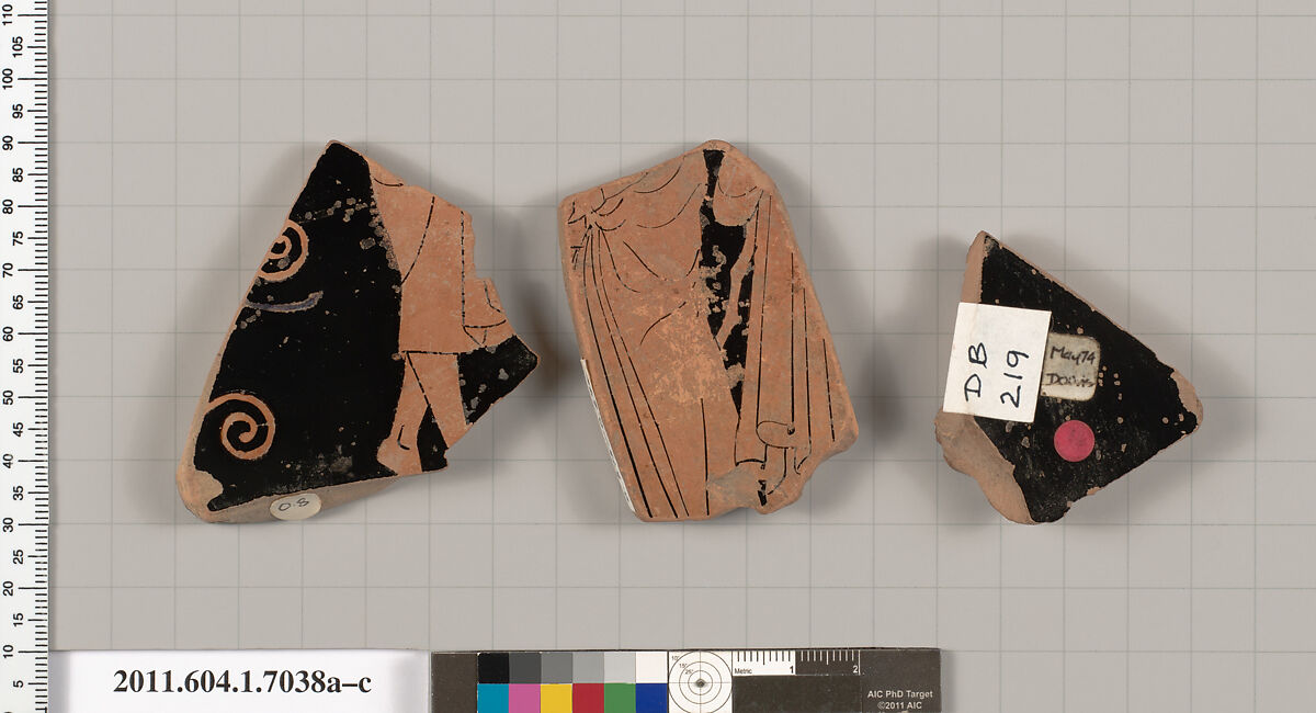 Terracotta fragments of a kylix (drinking cup), Attributed to Douris [DvB], Terracotta, Greek, Attic